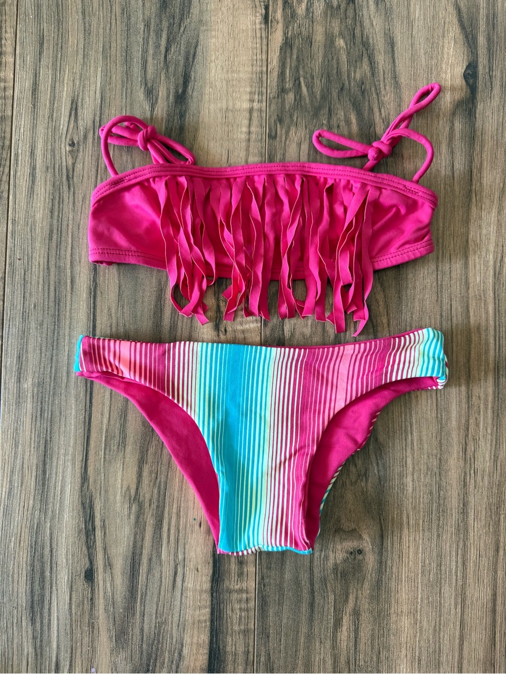 Girls Pink Fringe Bikini Set with Multicolor Stripe Bottom